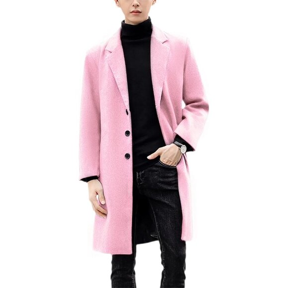 Mens PinkWool Blend Trench Coat Notch Lapel Camel Peacoats Winter Overcoat